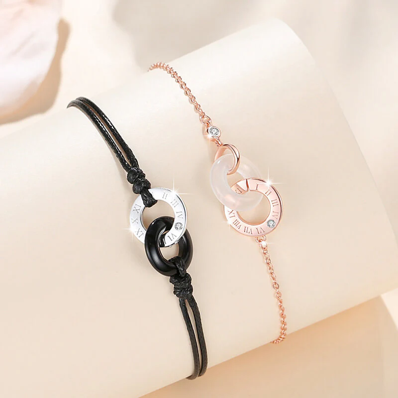 Interlocking Circle Obsidian Chalcedony Couple Bracelets - Image 4