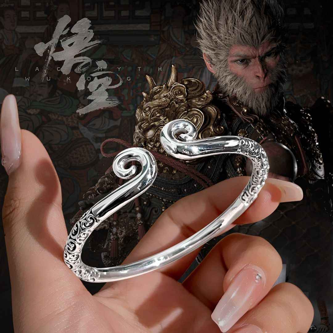 999 Sterling Silver Black Myth Wukong Matching Couple Bracelets, Wukong Crown & Monkey King Bar Bracelets, Eternal Love Bracelet - Image 5