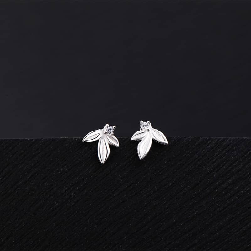 999 Silver Very Tiny Leaf with Sparkly CZ Crystal Stud Earrings - Image 3