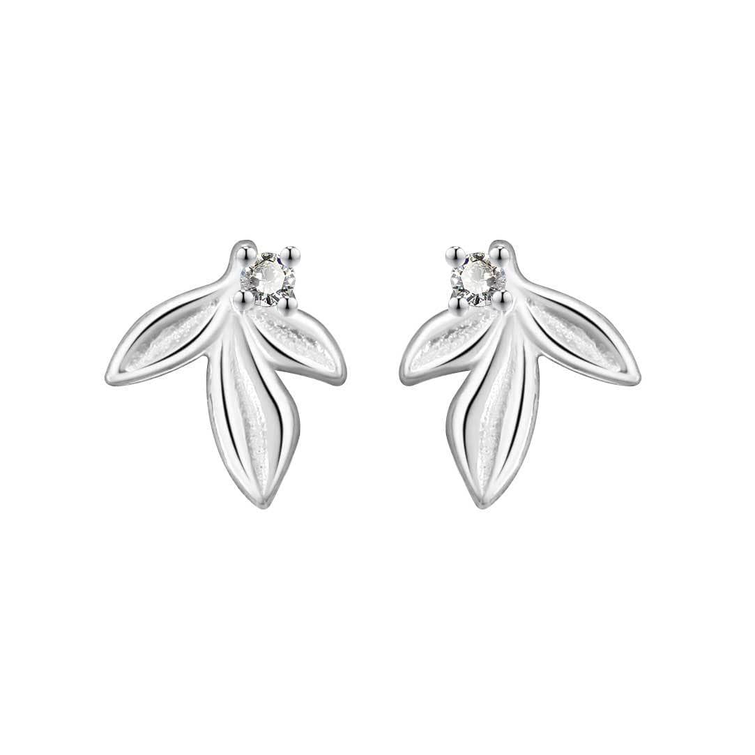 999 Silver Very Tiny Leaf with Sparkly CZ Crystal Stud Earrings - Image 4