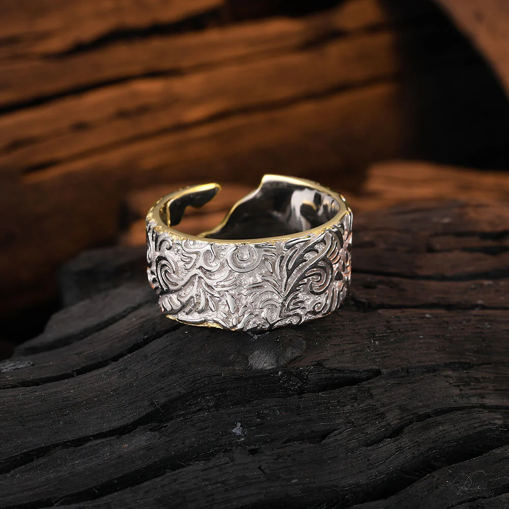 9mm Irregular Tang Grass Flower Gold & Silver Two Tone Open Ring - Image 3