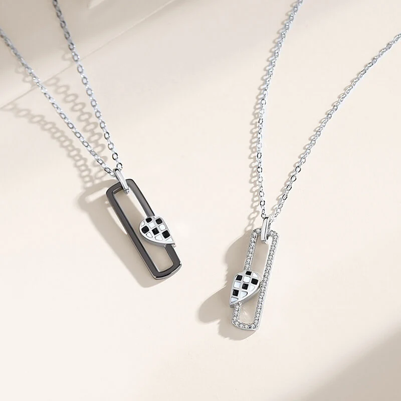 Black & White Checkered Magnetic Heart Matching Necklaces - Image 4