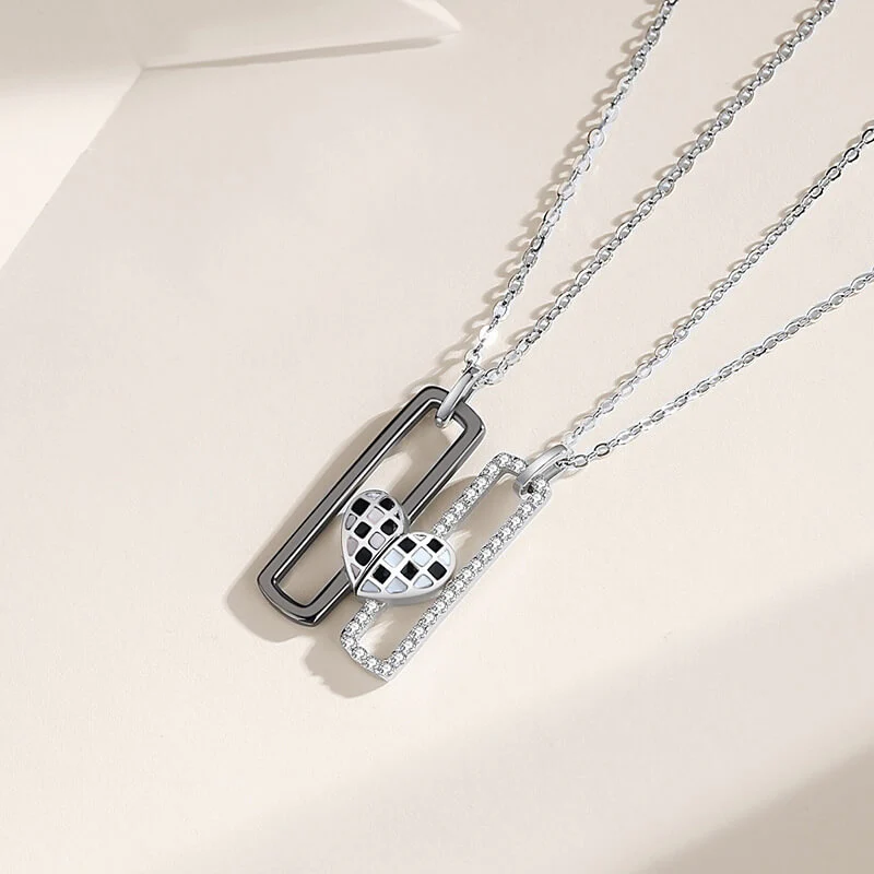 Black & White Checkered Magnetic Heart Matching Necklaces - Image 5