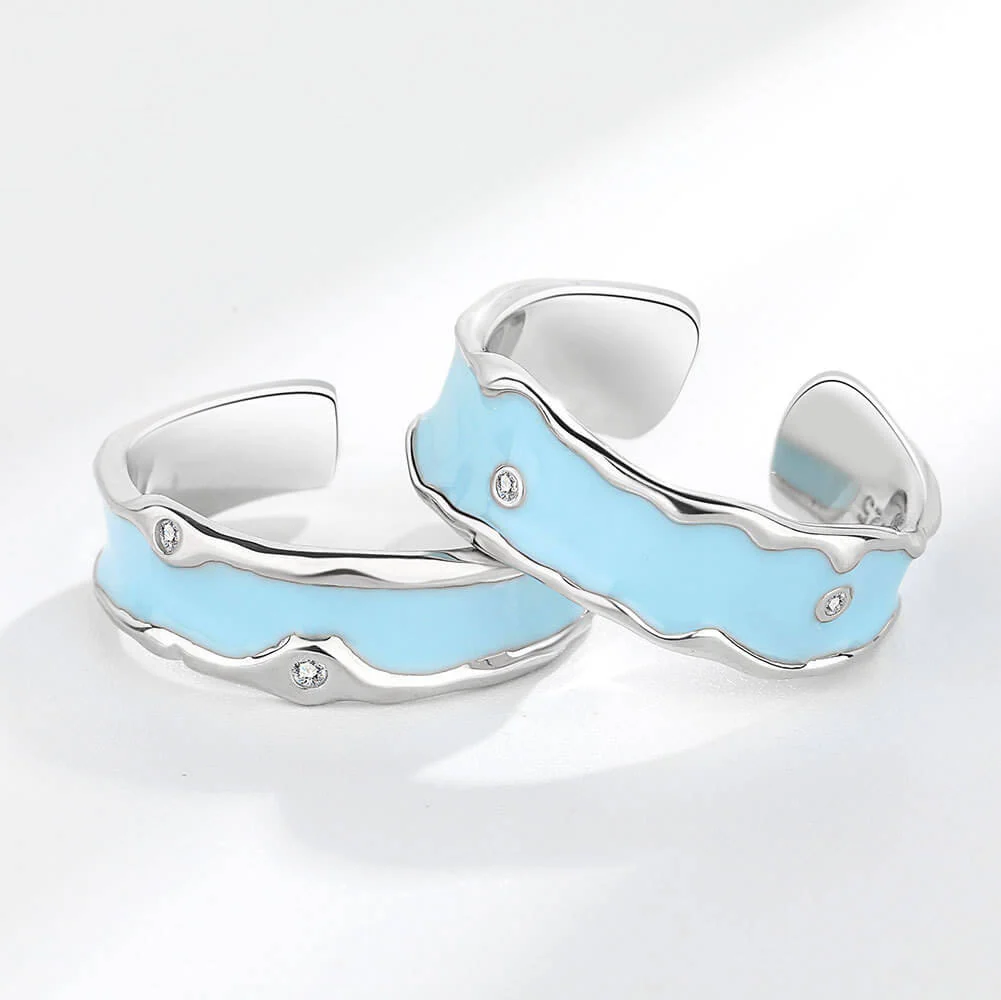 Blue Enamel Wide Band CZ Matching Rings