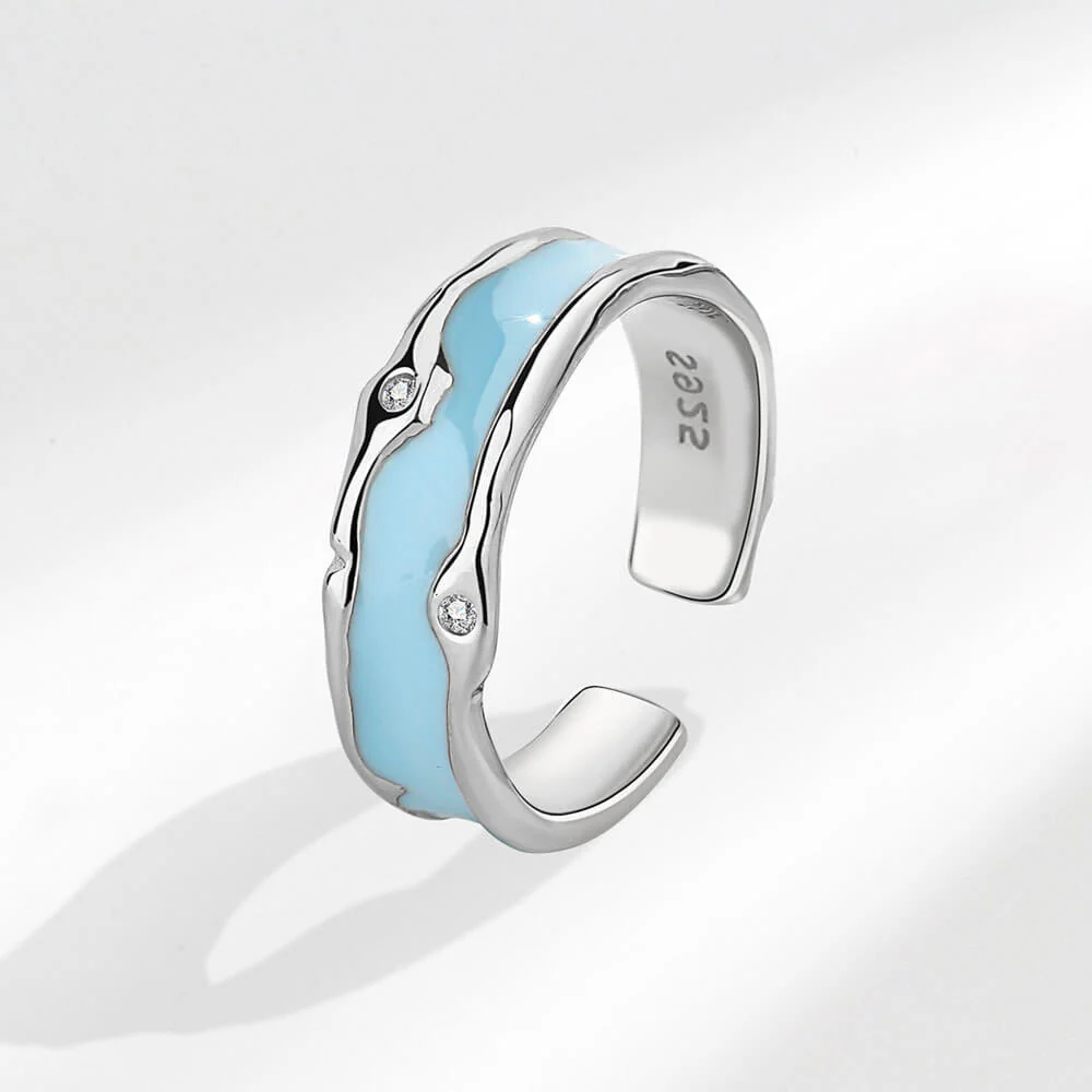 Blue Enamel Wide Band CZ Matching Rings - Image 2