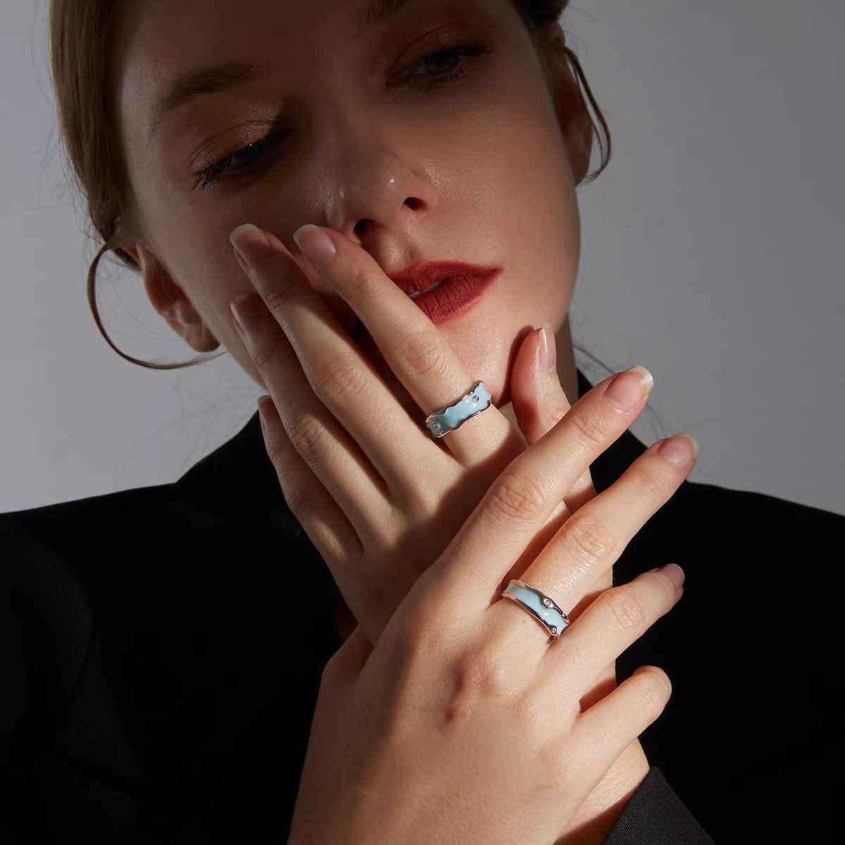 Blue Enamel Wide Band CZ Matching Rings - Image 5