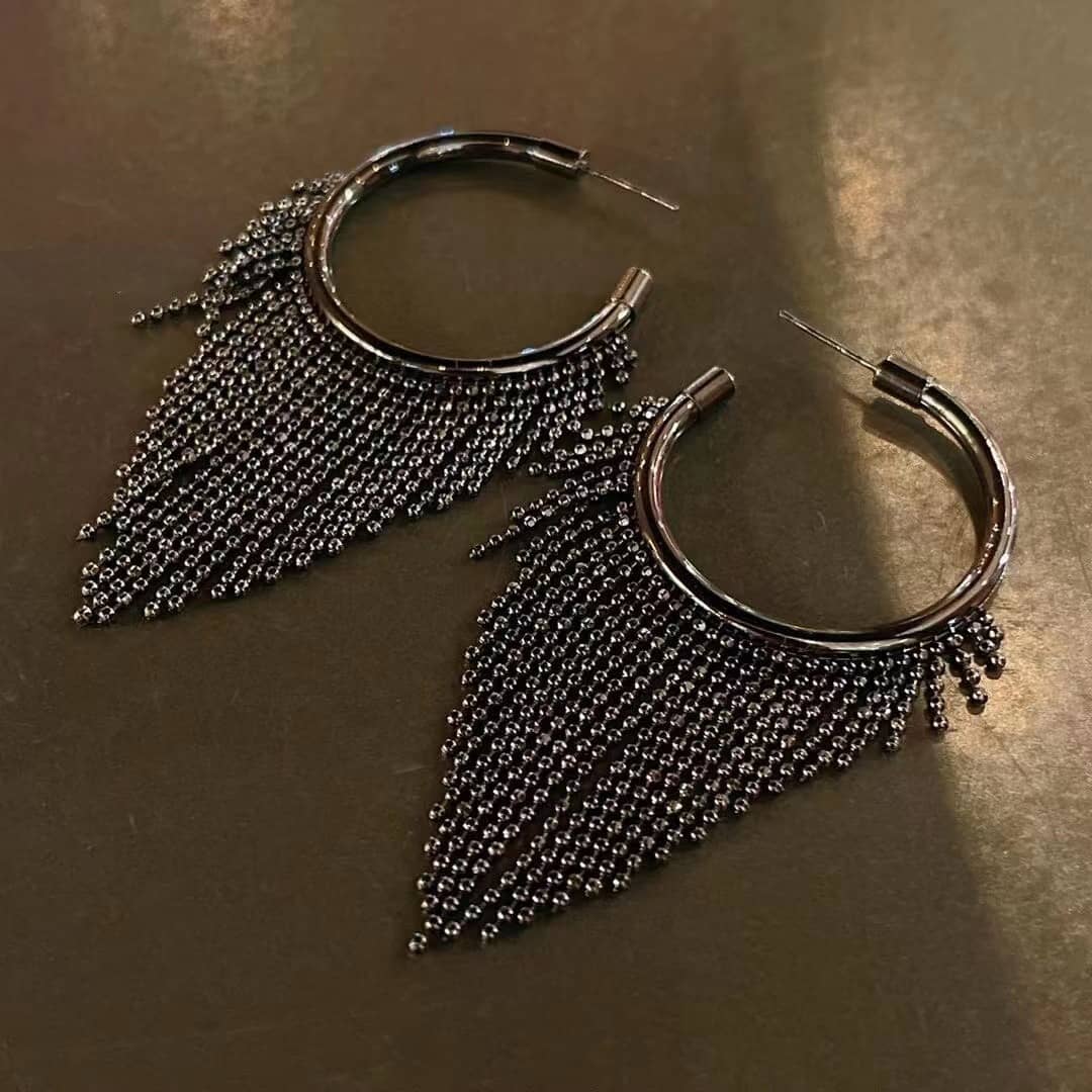 Circle Tassel Triangle Hoop Earrings - Silver or Black - Image 3
