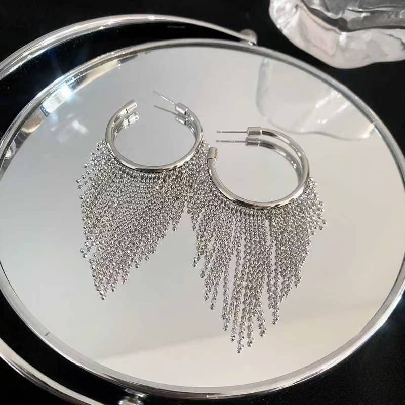 Circle Tassel Triangle Hoop Earrings - Silver or Black - Image 4