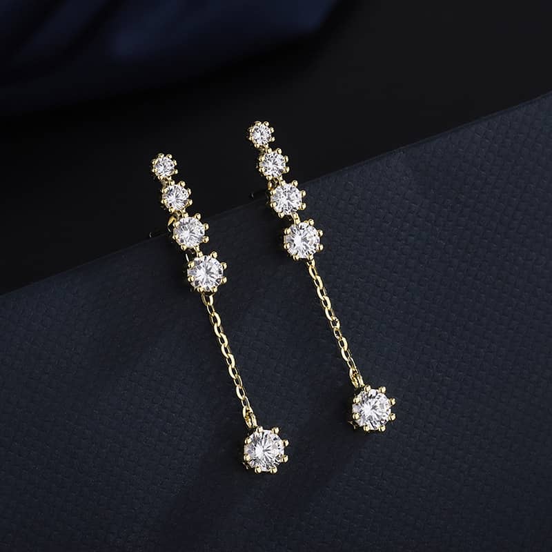 CZ Long Chain Stud Earrings - Silver, Gold or Rose Gold - Image 5