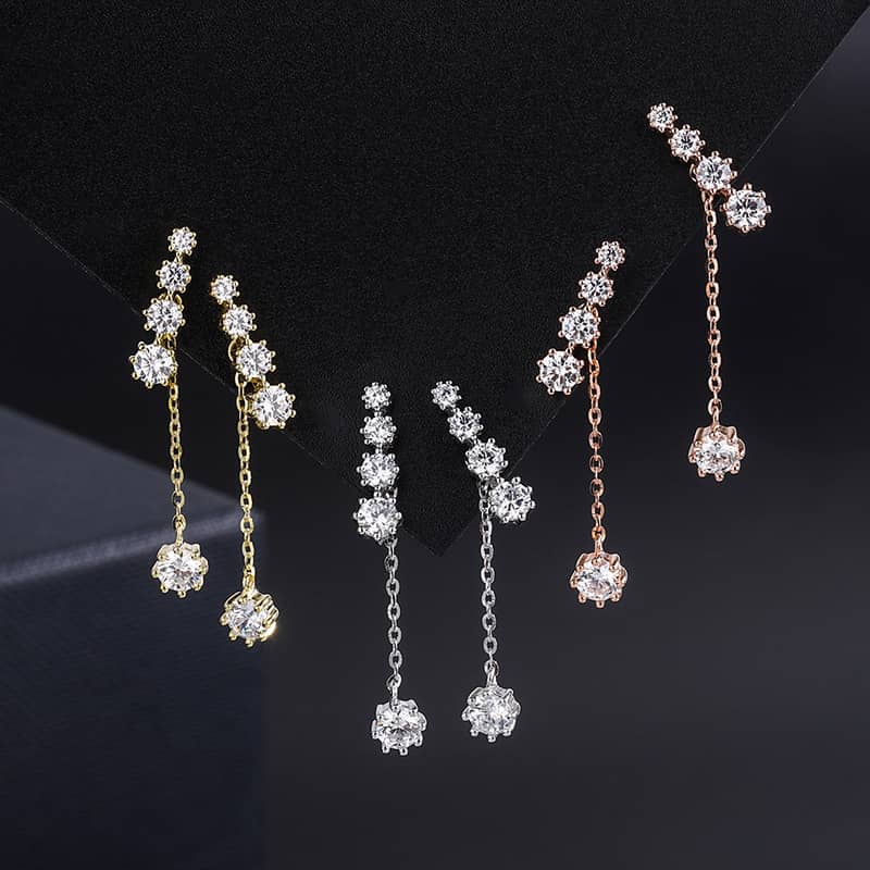CZ Long Chain Stud Earrings - Silver, Gold or Rose Gold - Image 7