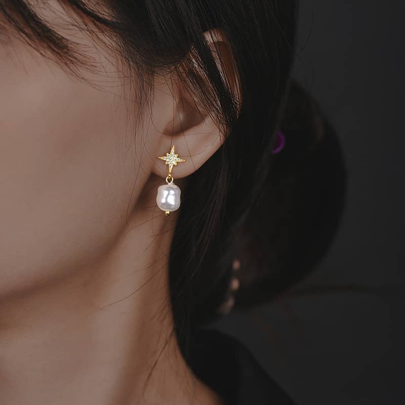 CZ Star Moon Baroque Pearl Drop Earrings - Silver or Gold - Image 3