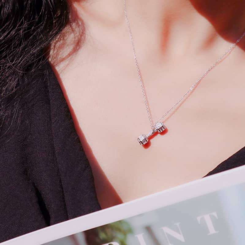 Dainty Dumbbell Charm CZ Necklace - Silver or Rose Gold - Image 5