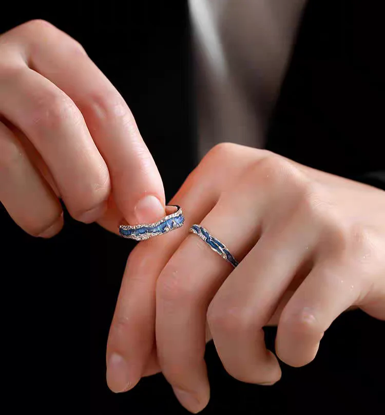 Vows of Eternal Love Blue Enamel Matching Rings - Image 3