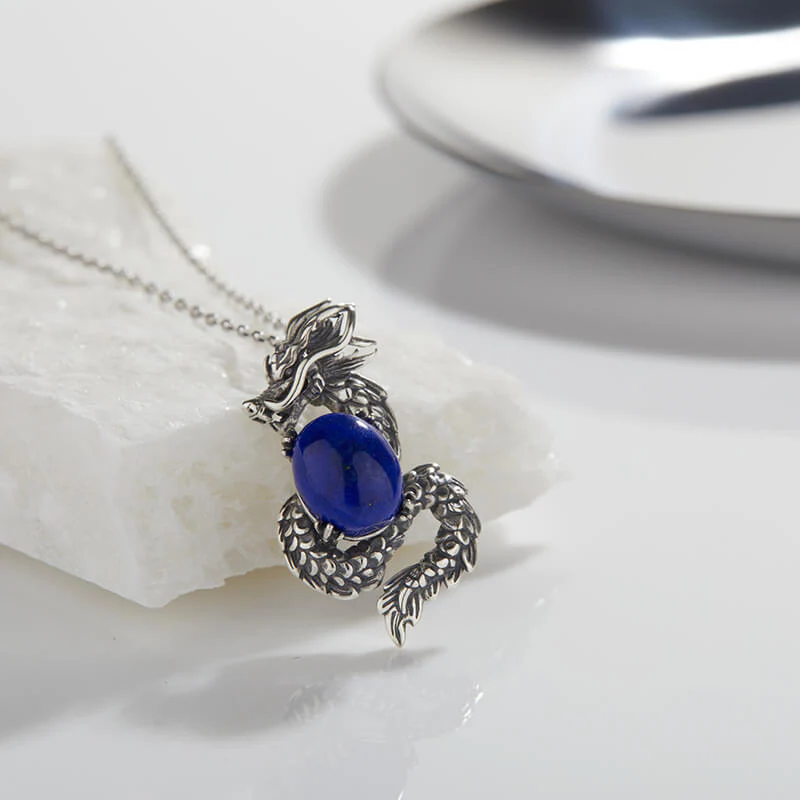 Dragon Pendant Necklace with Natural Lapis Lazuli/Peacock Ore Inlay - Image 3