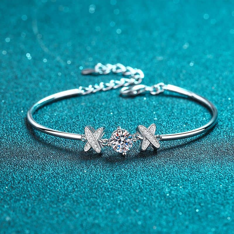 Four Prong X Charm Pipe Tube Silver Bracelet - CZ or Moissanite - Image 3