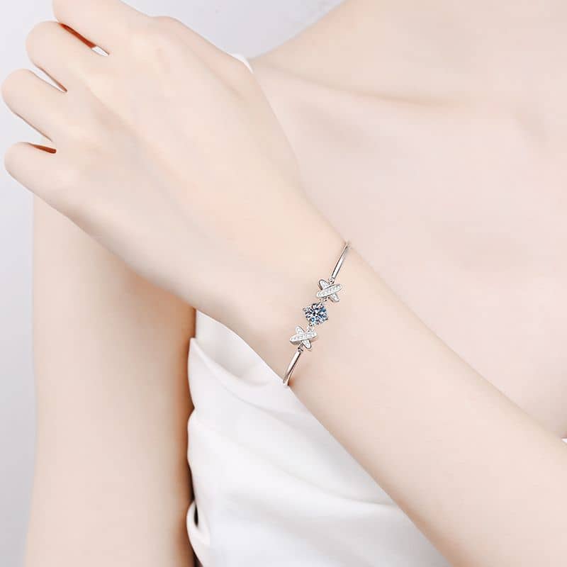 Four Prong X Charm Pipe Tube Silver Bracelet - CZ or Moissanite - Image 5
