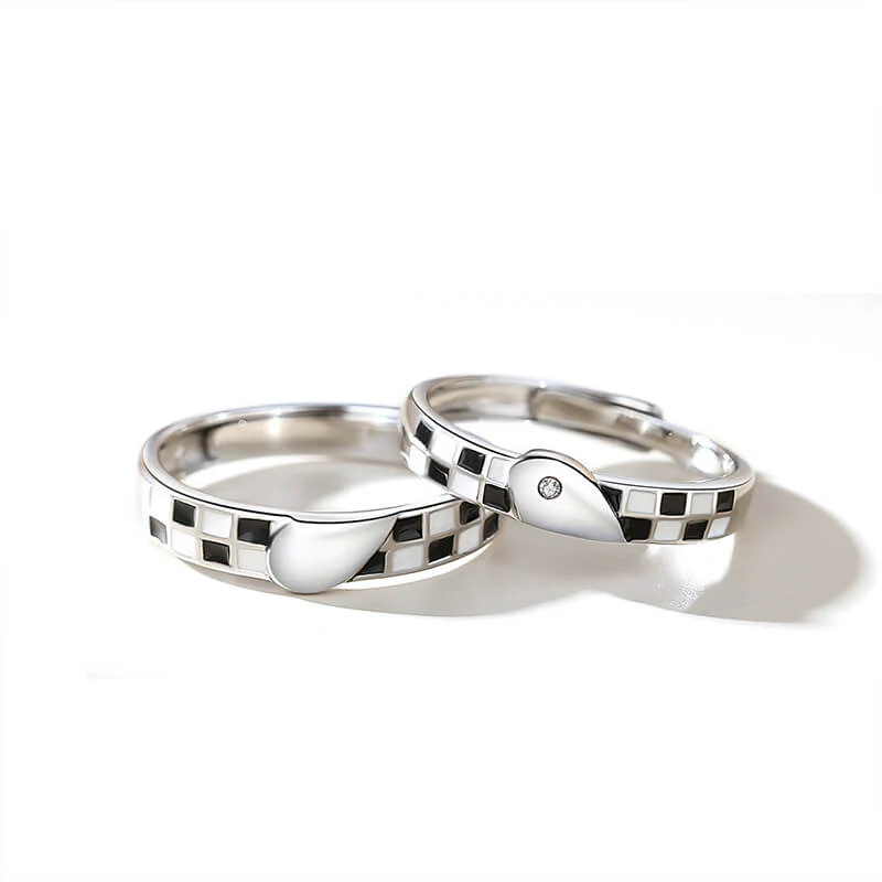 Black & White Checker Love Shape Couple Rings