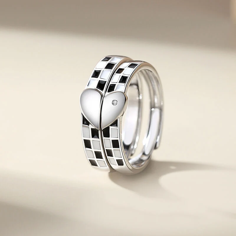 Black & White Checker Love Shape Couple Rings - Image 2