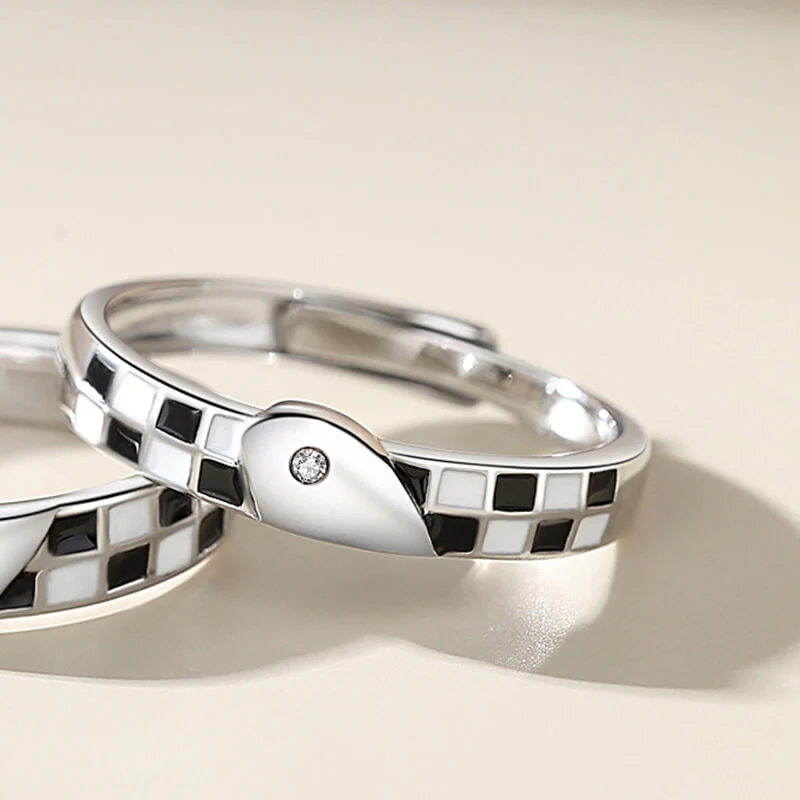 Black & White Checker Love Shape Couple Rings - Image 3