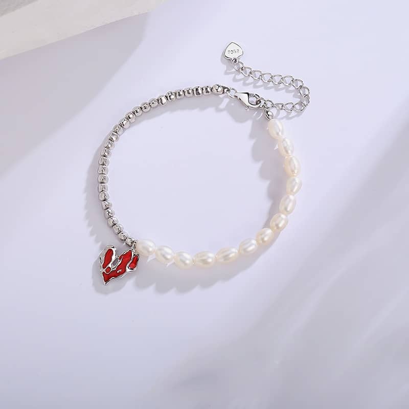 Freshwater Pearl and Silver Beads with a Red Heart Charm Bracelet - Image 3