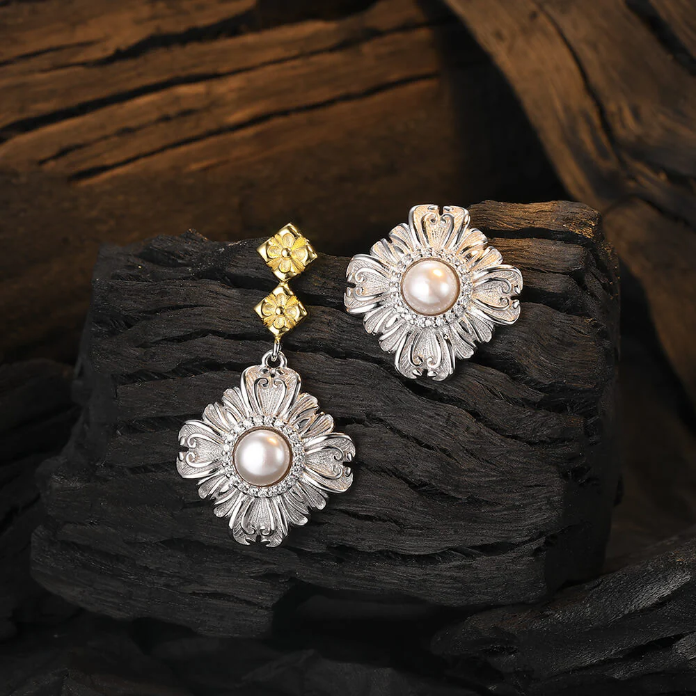Freshwater Pearl Asymmetrical Texture Two Tone Stud Earrings - Image 4