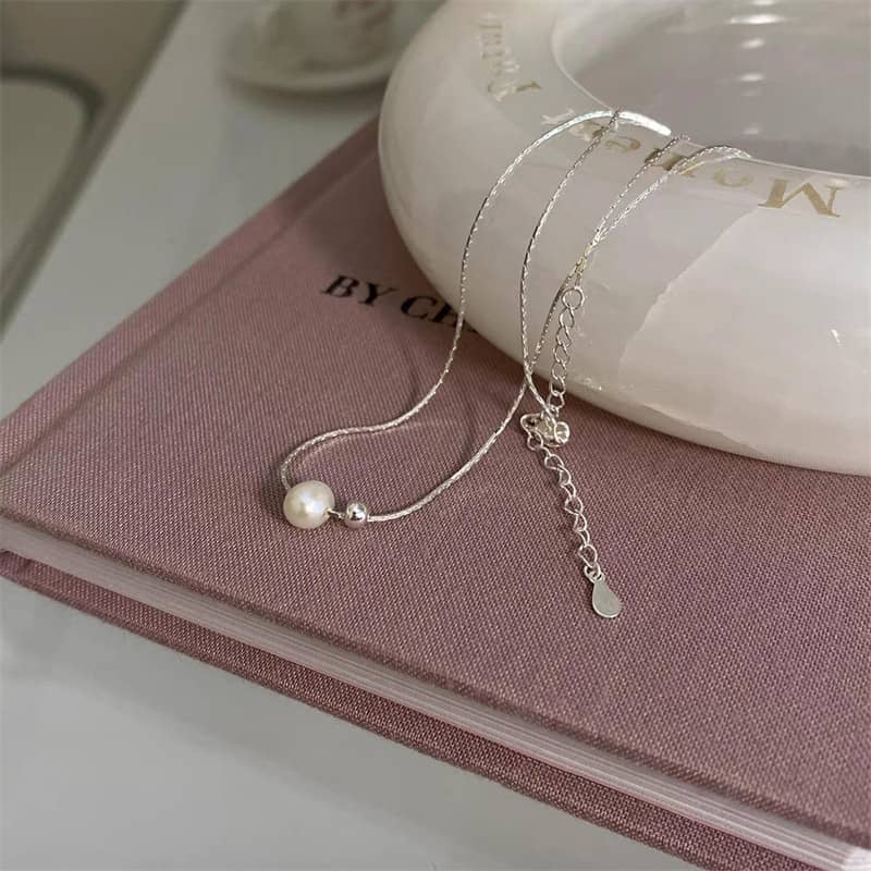 Freshwater Pearl with Tiny Silver Bead Sterling Silver Necklace - Image 3