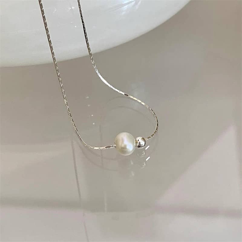 Freshwater Pearl with Tiny Silver Bead Sterling Silver Necklace - Image 4