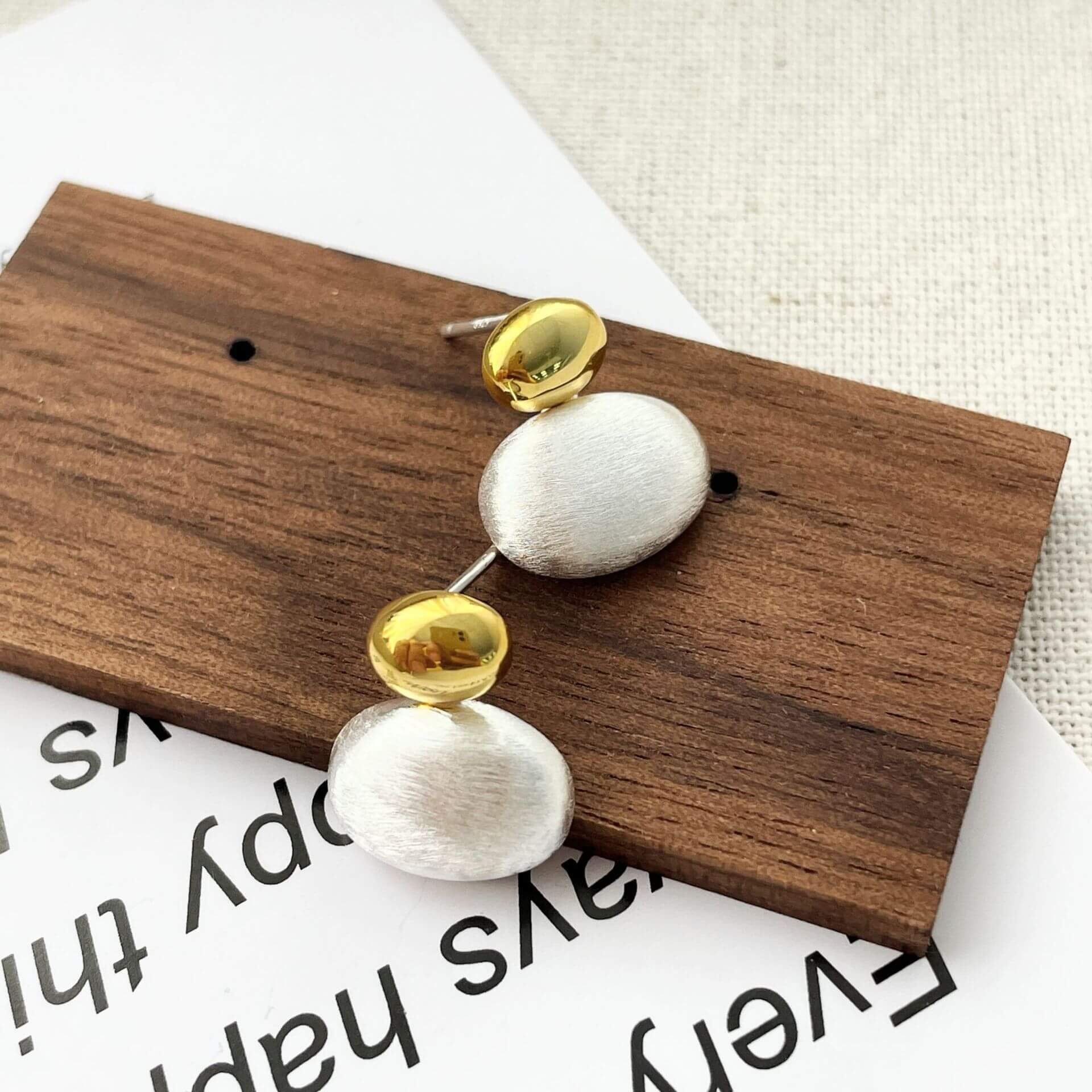 Oval Two Tone Brushed Stud Earrings - Silver or Gold - Image 3
