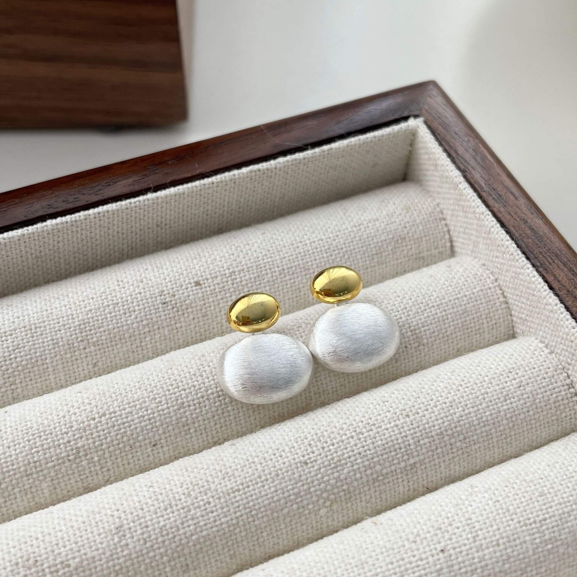 Oval Two Tone Brushed Stud Earrings - Silver or Gold - Image 5