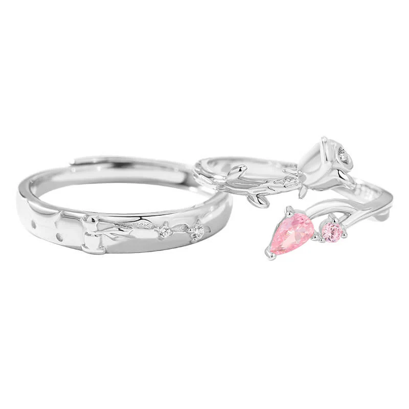 Pink CZ Little Prince & Rose Matching Rings