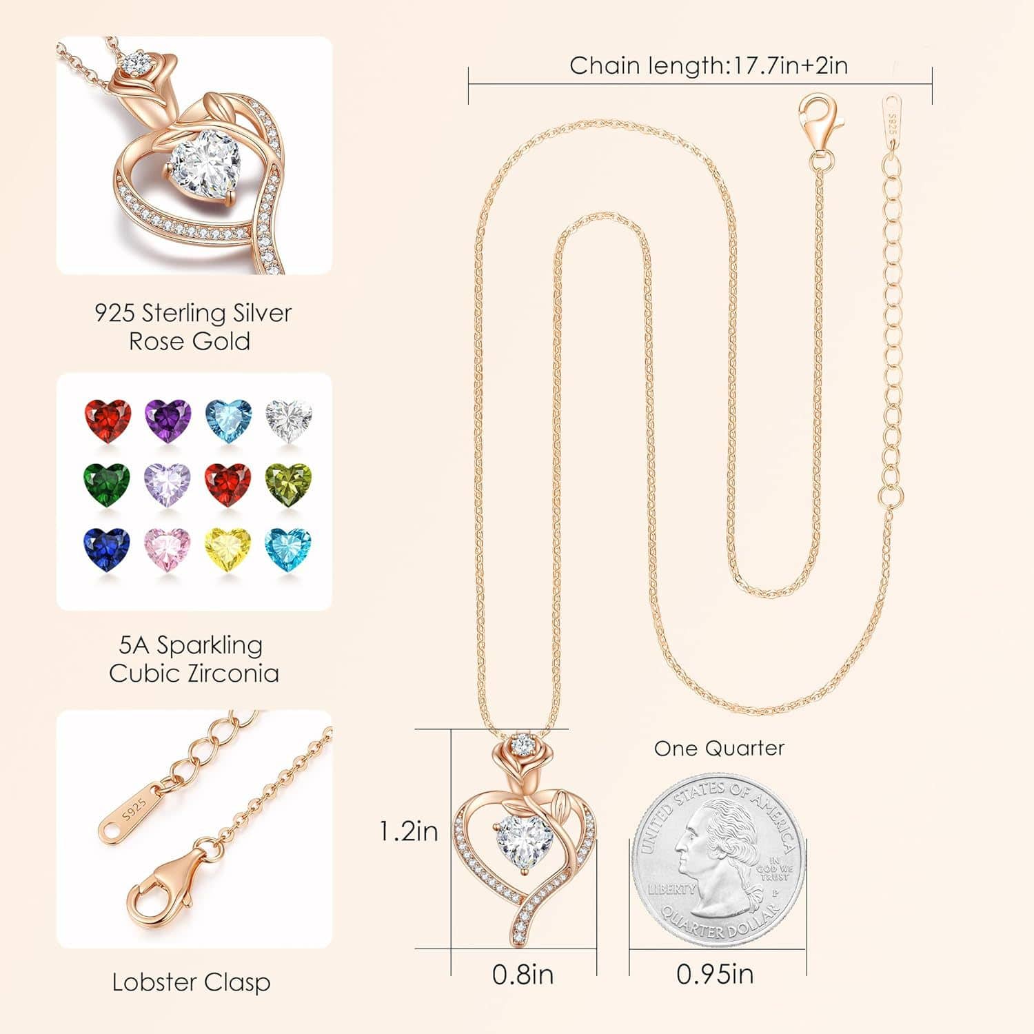 Rose Flower Heart Birthstone Necklace - Image 5