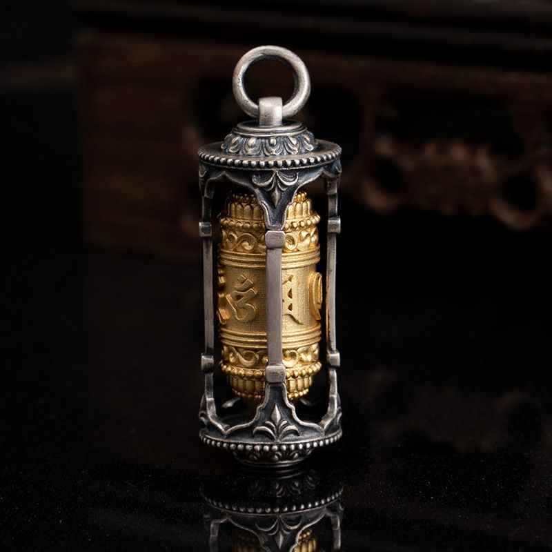 Tibetan Prayer Wheel Two Tone Silver Pendant - Image 3
