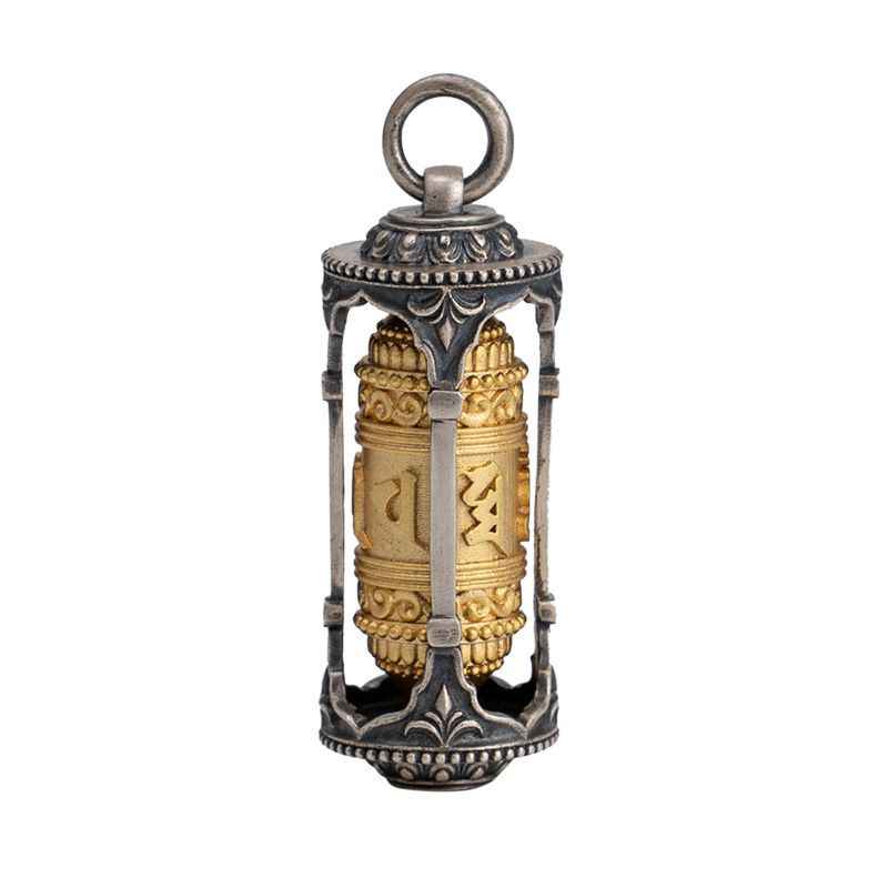 Tibetan Prayer Wheel Two Tone Silver Pendant - Image 5